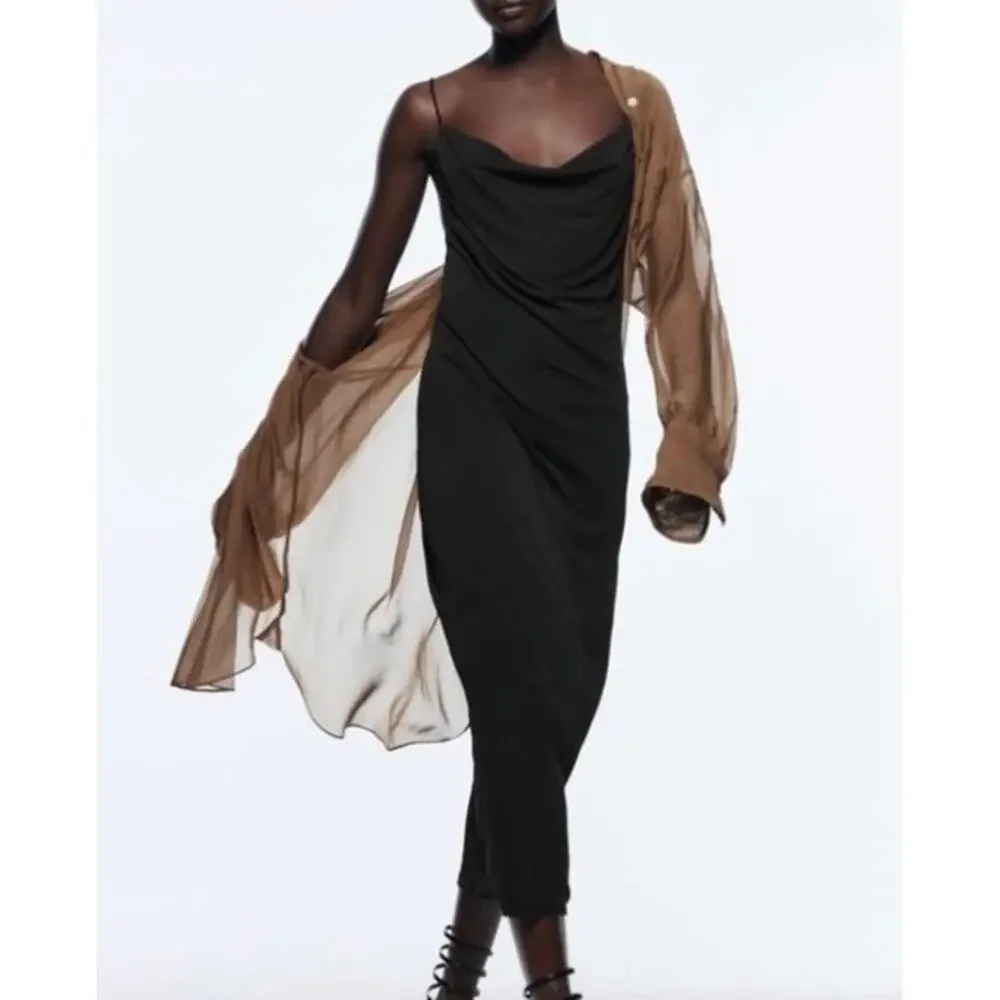 ZARA Classic Black Satin Midi Slip Dress Size M